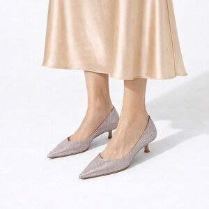 Stuart Weitzman Eva 35 Kitten Heel Metallic Mesh Pump Rose Pink Pointed Toe 6B